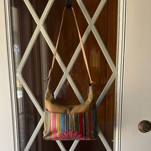 Anuschka Olive Multistripe Shoulder Bag with Pink Floral Detail